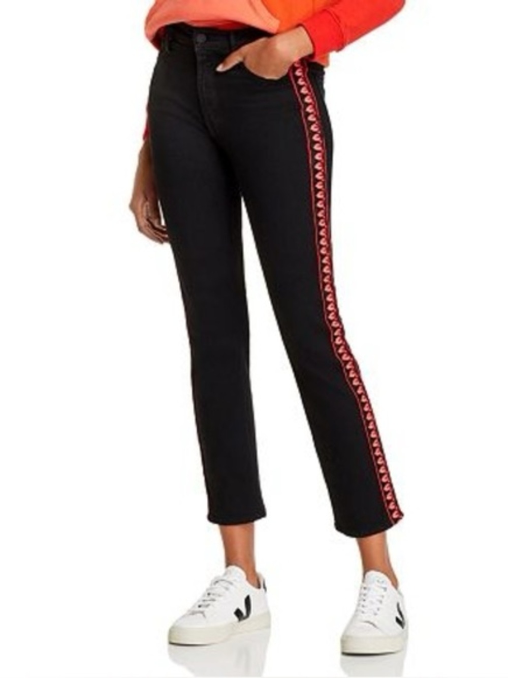 MOTHER Black Ankle Mid Rise Jeans with Red Design-Trim Side Stripes